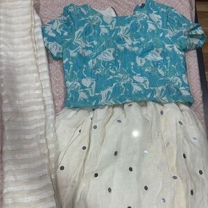 Floral Blue Top and white lehenga Set